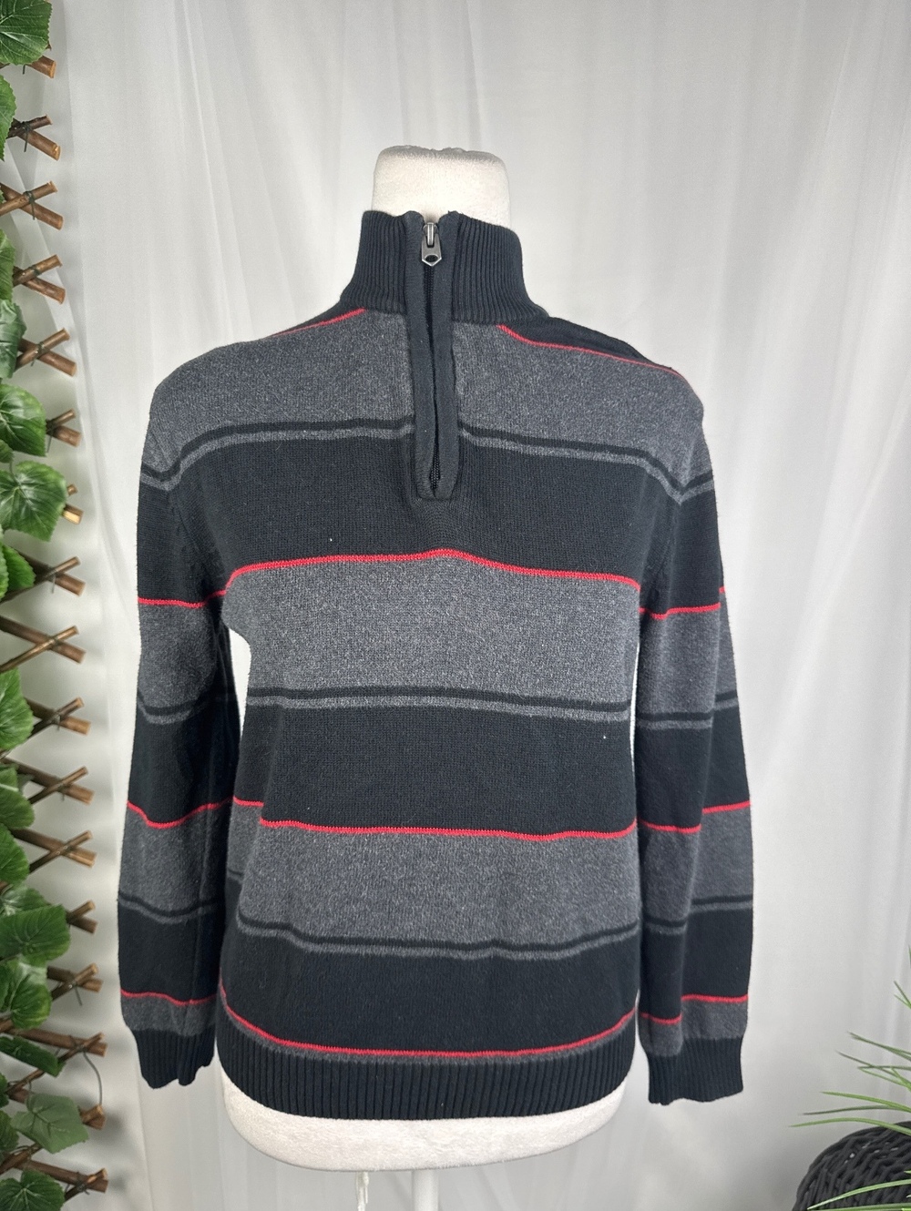 XG Striped Half Zip Mock Neck Pullover Sweater Grey Black Red Cotton